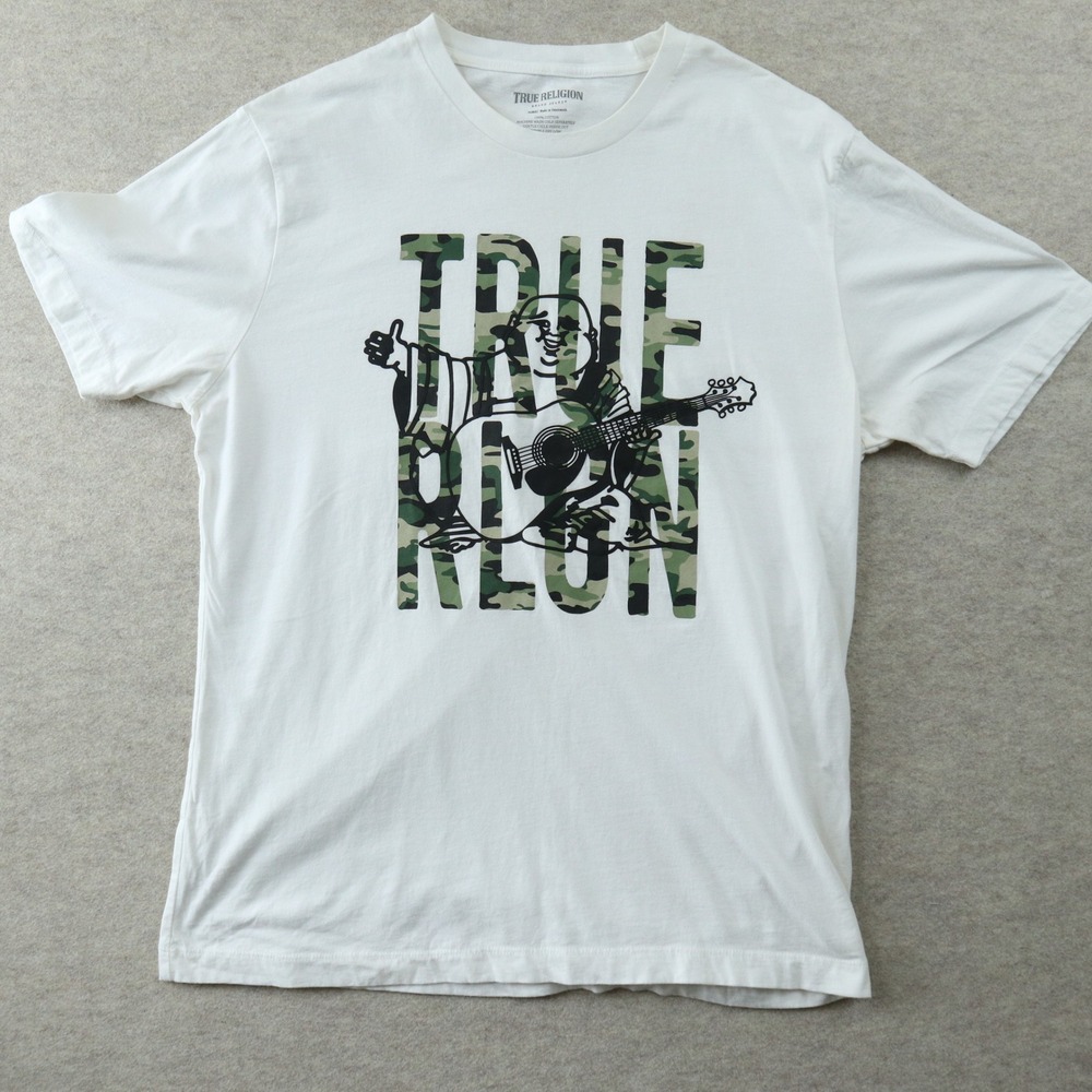 True Religion T-Shirt XL White Camo Logo Buddha Graphic Y2K Streetwear Tee
